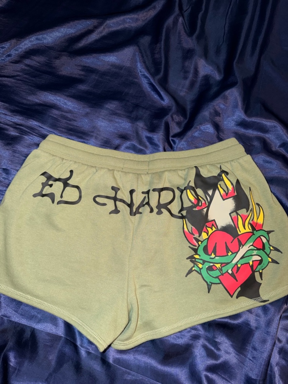 Ed Hardy Olive Graphic Tattoo-Heart Athletic Shorts